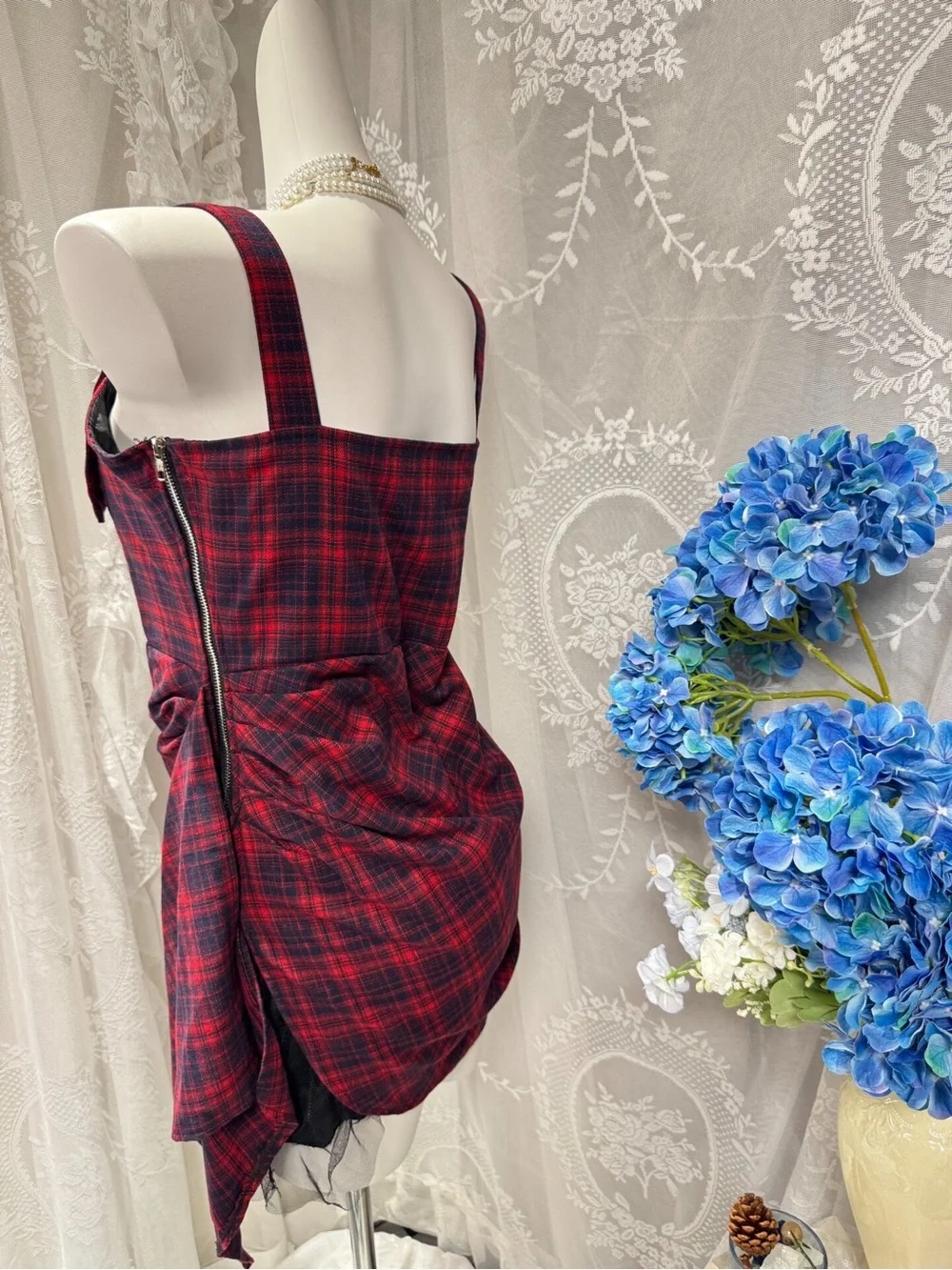 Red Black Plaid Asymmetric Mini Dress